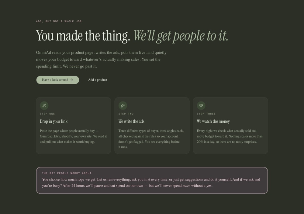 OmniAd dashboard with an editorial serif headline and three-step process cards