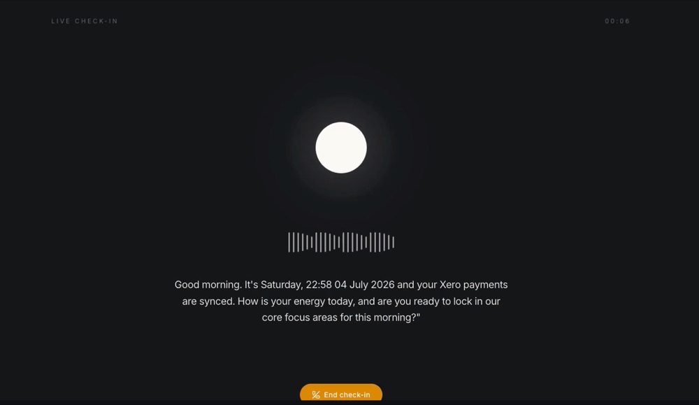 RevLah live voice check-in screen with a glowing orb, waveform and AI transcript